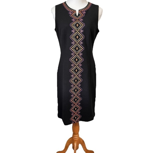 Peter Nygard Black Stretch Sheath Dress Aztec Embroidered Pattern - Picture 1 of 15